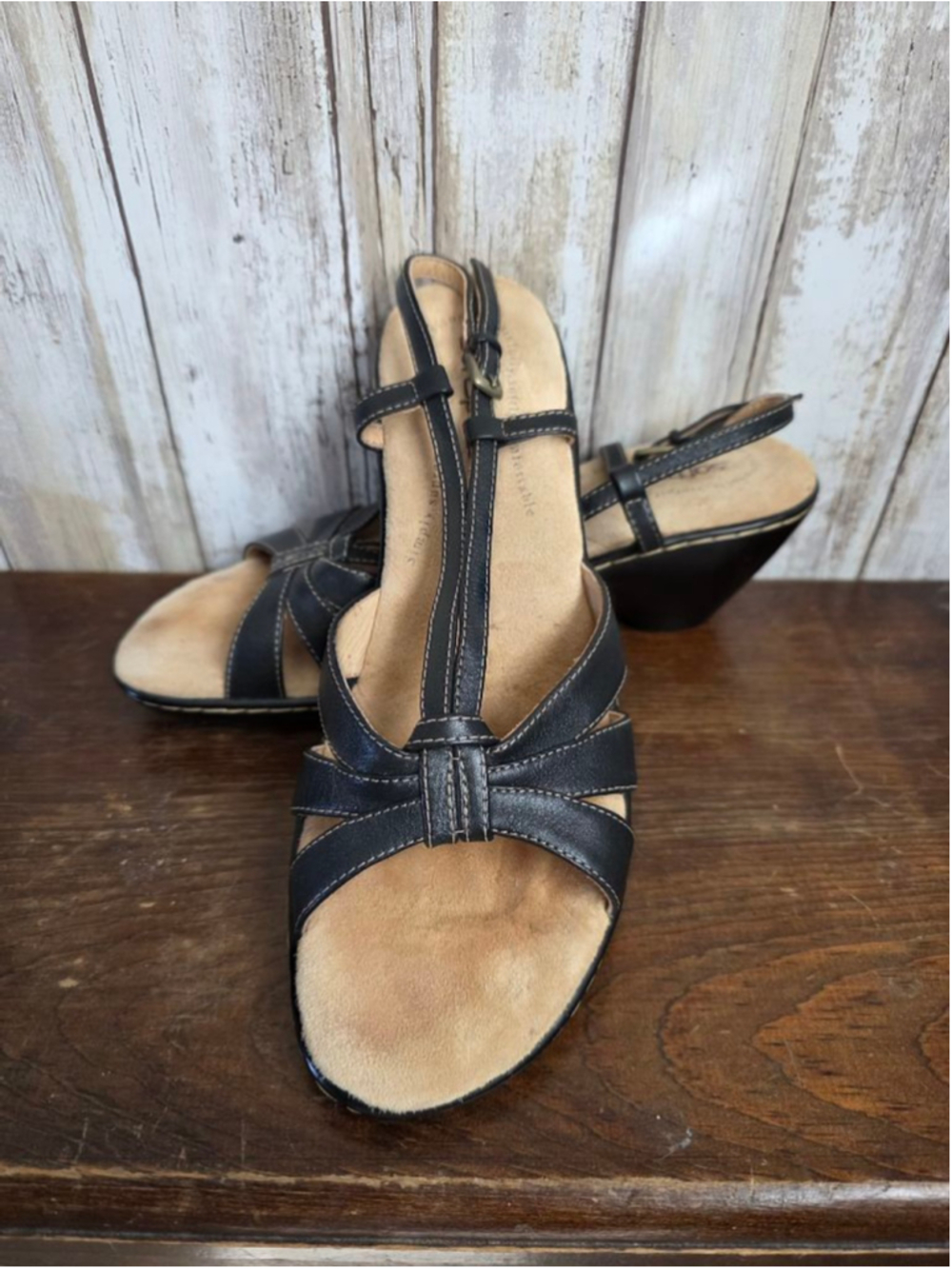 Women's Softspots Black Beige Leather Wedge Sandals Size 8 - Picture 9 of 11